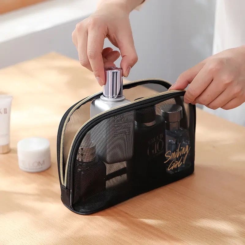 Black Mesh Cosmetic Bag, Transparent Travel Zipper Pouch,