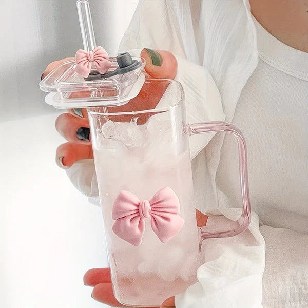 450ml Elegant Square Glass Tumbler, Bow Glass With Lid And Straw
