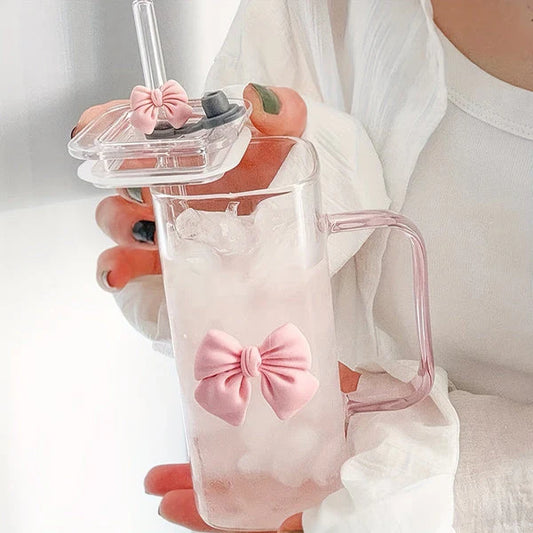 450ml Elegant Square Glass Tumbler, Bow Glass With Lid And Straw
